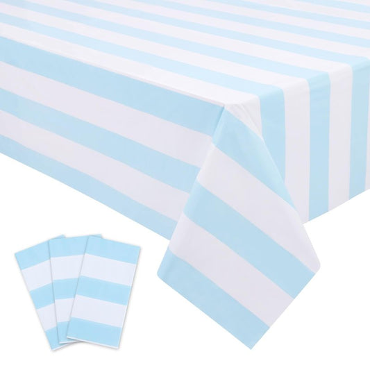 Kesfey 3 Packs Light Blue and White Vertical Striped Table Cloth 54 x 108 Inches Bluey Stripe Table Cover Disposable Plastic Beach Tablecloths Waterproof Rectangle Picnic Tablecover for Birthday Party