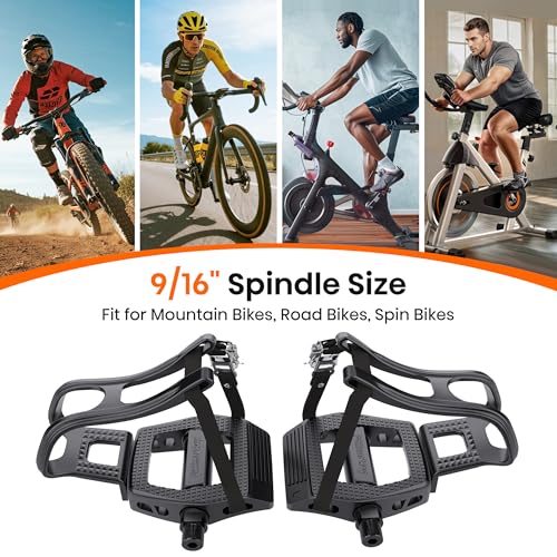 SPD Bike Pedals with Toe Cages, 9/16'', Dual Function with Straps and Clip, Alloy Spindle for Indoor Exercise Cycling Spin Mountain Road Bikes, Peloton, Schwinn, Sunny Bikes