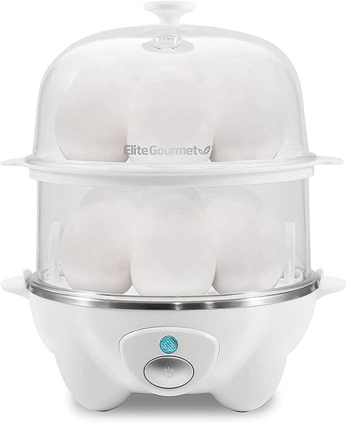 Elite Gourmet 2-Tiered Egg Cooker - Poach 5 Eggs & Make Omelets | Auto Shut-Off, BPA Free, White