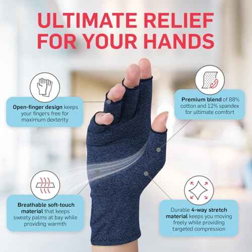 Dr. Arthritis Essentials Open-Fingertip Arthritis Gloves, Compression Gloves for Carpal Tunnel & Raynaud's, Hand Brace (Navy, Medium)
