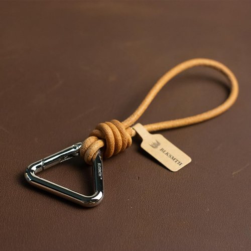 BLKSMTH Leather Keychain with Metal Triangle Carabiner, Nappa Leather Braid,holder with gold key rings,genuine leather keychain for car home key ring strap holder lanyard women men