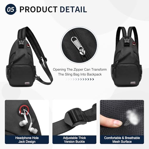 Convertible Sling Bag Crossbody Backpack, 12.9-Inch Pads Bags with Headphone Jack Shoulder Bag Casual Pack for Women Men Hiking Travel Cycling (Black)