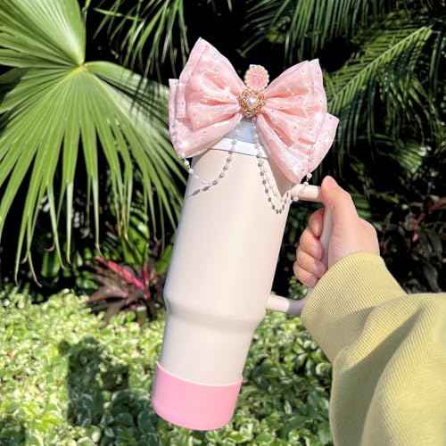 Bling Stanley Bow Straw Topper, Pearl Bow Lid Stanley Cup Accessories,Cute Straw Cover Cap, Silicone Boot Protector 3 PCS Sets for Tumbler Accessories