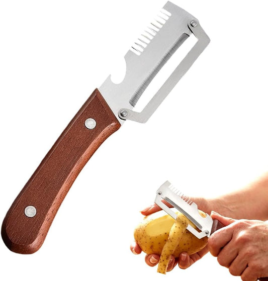 Skiennix Premium Vegetable Peeler - Multi-Functional Kitchen Tool with Wooden Handle & Bottle Opener