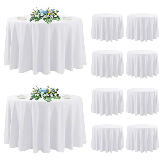 DAKKIONY 10 Pack Round Tablecloth White 120 Inch, Stain Resistant and Wrinkle Polyester Fabric, Washable Table Cover for Kitchen Dining, Wedding, Buffet Table, Holiday Party