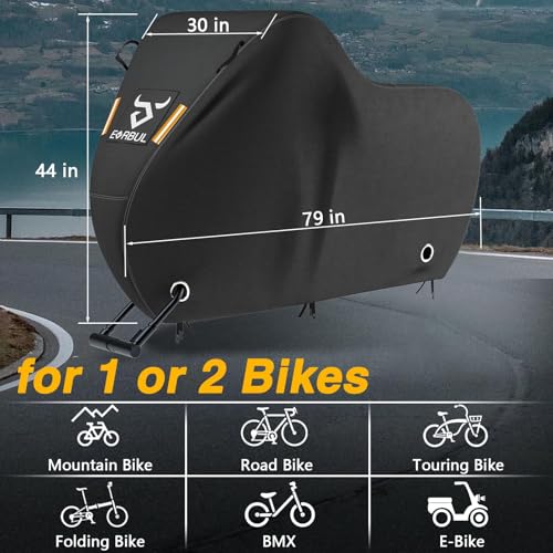 EVERBUL Bike Cover for 1 or 2 Bike 79'' L x 30'' W x 44'' H, Outdoor Waterproof Bicycle Covers with Lock Hole, 420D Heavy Duty Fabric Rain Sun UV Dust Wind Proof for Mountain, Road Bike, EBike