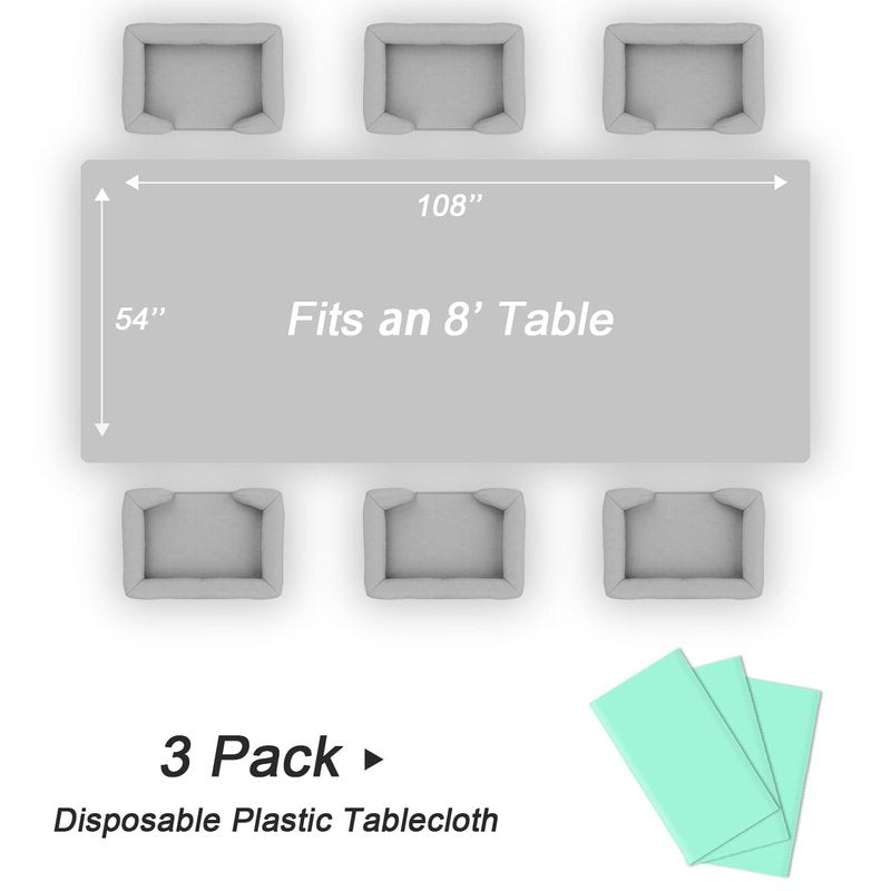 QIKSION Fresh Mint Plastic Table Cloth Disposable 3 Pack, 54 x 108 Inch Tablecloths for Party, Birthday, Rectangle Table Cover