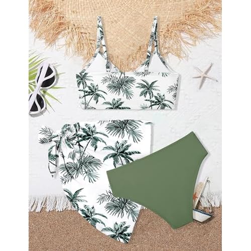 Girls Swimsuit V Neck Adjustable Straps Stylish Bikini with Cover Up 3 Piece Set Bathing Suits for Teen Girl