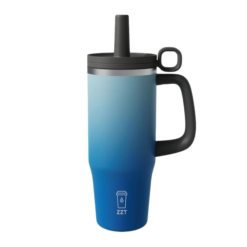 ZZT 40 oz Tumbler with Handle and Straw Lid,Leak Proof Metal Sports Water Bottle Jug,Stainless Steel Insulated Travel Coffee Mug-Fits in Cup Holder-Gifts for Women & Men (Blue White)