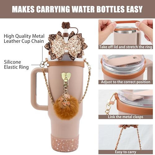Bling Stanley Cup Accessories for 40oz & 30oz Tumbler including Silicone Cute Bow Straw Topper Cover, Silicone Stanley Cup Boot,Leather Water Bottle Handle Strap, Charms(Brown)