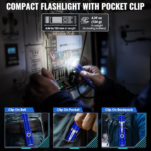 Rechargeable Tactical Flashlights, High Lumens Small Mini USB-C LED Flashlight, Compact EDC Flash Light, 4 Modes&Memory Function, Waterproof Pocket Lights for Home,Camping,Emergency (1, Blue)