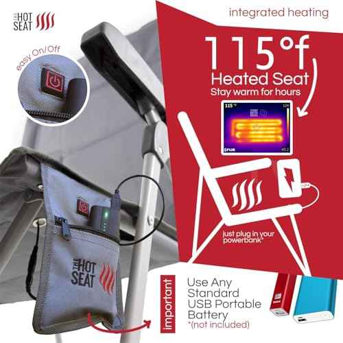 POP Design Hot Seat USB Heated Folding Camping Chair, Portable Reclining Padded Outdoor Chair w/Cup Holder, Storage Pockets, Waterproof 600D Polyester, 300 lb Capacity (Battery Not Included), 1-Pack