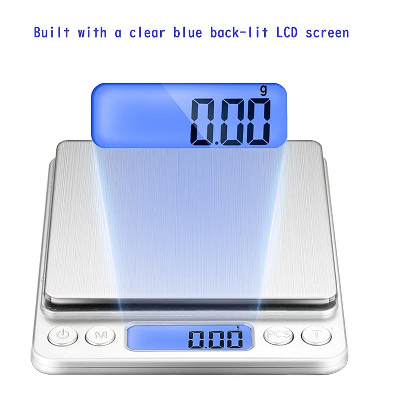 Small Digital Scale,3kg/0.1g,6.6lb,Kitchen Scale,Food Scale,with Blue Backlit LCD Display, 6 Units, Auto Off, Tare, PCS Function, Stainless Steel, Battery Included,Soft Tape Included(150cm)