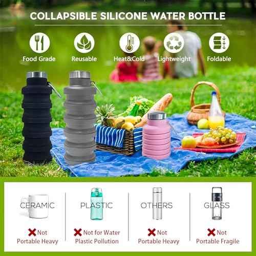 Collapsible Water Bottle,16oz Capacity Portable Reusable Silicone Water Bottle, Leak-proof, with buckle, foldable storage, Lightweight Durable for Fitness, Cycling, Sports, Camping, Hiking (Black)