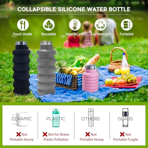 Collapsible Water Bottle,16oz Capacity Portable Reusable Silicone Water Bottle, Leak-proof, with buckle, foldable storage, Lightweight Durable for Fitness, Cycling, Sports, Camping, Hiking (Pink)