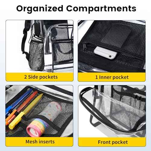 Vorspack Clear Backpack Heavy Duty PVC Transparent Backpack with Reinforced Strap Stitches & Large Capacity for College Workplace Security - Black