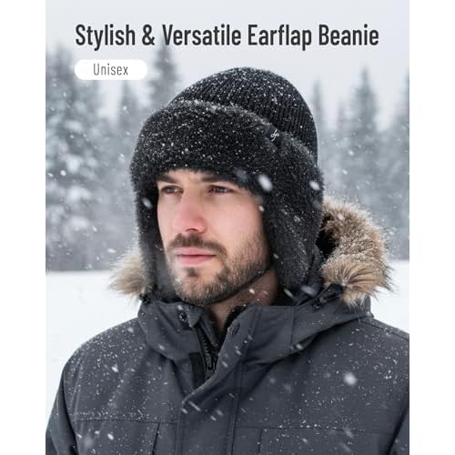 Winter Fleece-Lined Beanie with Earflaps,Warm Windproof Beanie Hat for Men & Women