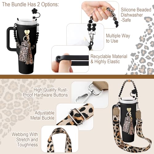 Skylety 7 Pcs Leopard Silicone Cup Accessory Set Compatible with Stanley Cup Leopard Beaded Bottle Strap Carrying Strap Lipstick Holder Tassel Charm Straw Cover Bottle Ring 8-40 oz Tumbler(Black)