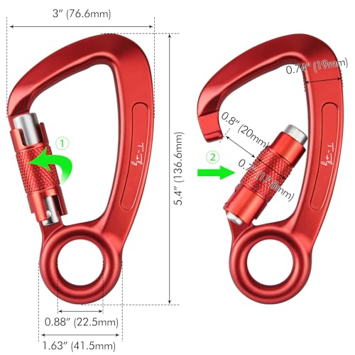 T-Fly Auto Locking Carabiner 35KN (7868 lbs), UIAA Certified 5.4" Climbing Rock Carabiner with Round Eyelet for Rappelling, Climbing, Ropes (Red)