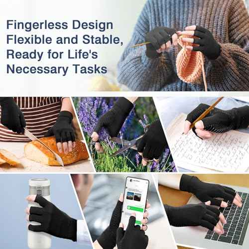 Compression Arthritis Gloves for Women and Men,Copper Infused Black Fingerless Gloves-Grip Design Breathable Comfort.
