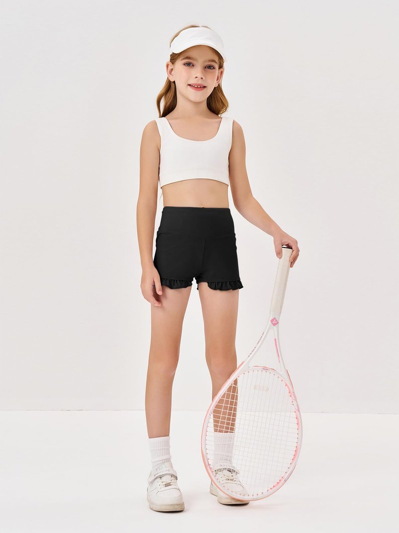 rrhss Girls Athletic Ruffle Shorts High Waisted Yoga Dance Shorts Comfy Workout Gymnastics Shorts Black