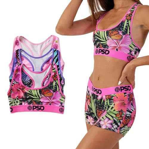 PSD Womens Sports Bra ? Wild Trip 3-Pack, Comfortable Medium Support Sports Bras for Women Pack, Womens Racerback Sports Bras Multipack, X-Small