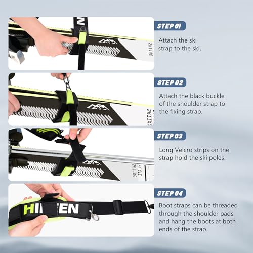 Hikeen Ski Carrier Straps, Poles and Boot Skis Straps with Adjustable Anti-Slip Shoulder Slings & Metal Buckle and Swivel Hook for Men Women Kids