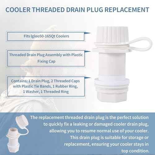 BOXOB Cooler Drain Plug Kit for Igloo, Threaded Drain Plug with Plastic Tethered Cap for Cooler Replacement Parts and Accessories Anti-Leak Compatible with Igloo 50-165 Qt(White)