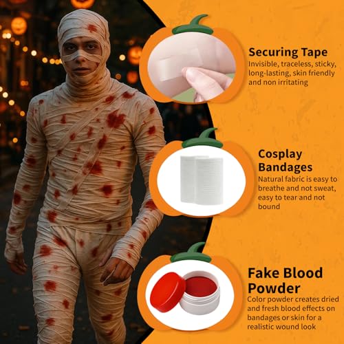60 Yards 12 Rolls Halloween Mummy Wrap Costumes, Mummy Wrapping Cloth, Mummy Gauze, Mummy Bandages for Cosplay Zombie Makeup Halloween Costumes Accessories with Fake Blood Powder(3in W, Lady & Youth)