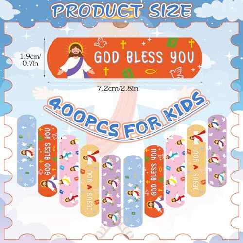 Geiserailie 400Pcs Jesus Colorful Cartoon Adhesive Bandages Jesus Kids God Bless You Waterproof Breathable Bandages Pack for Children(Jesus)