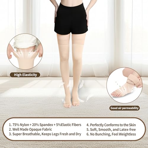 20-30 mmHg Compression Stockings for Women and Men, Medical Graduated Compression Hoses, Open Toe Thigh High Compression Socks, Long Toeless Support Stockings for Varicose Veins, Edema, DVT