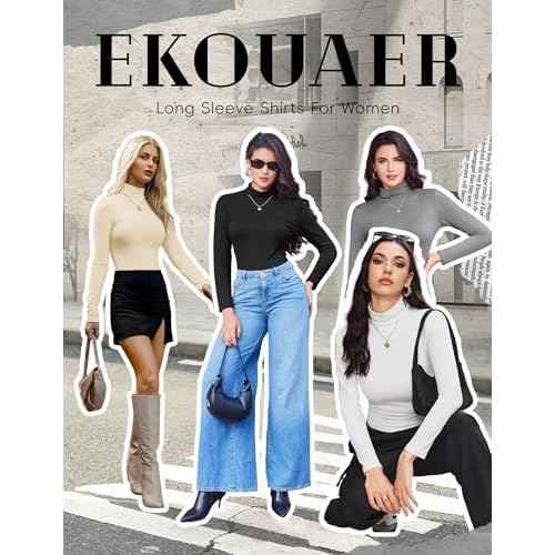 Ekouaer Women's Turtleneck Long Sleeve Shirts Thermal Underwear Tops Basic Slim Fit Fall Fashion Lightweight Top
