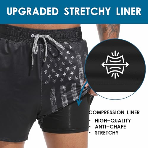 FT FENTENG Mens Swim Trunks with Compression Liner 5.5" Board Shorts with Zipper Pockets 2 in 1 Quick Dry Bathing Suits