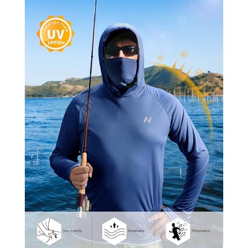 isnowood Sun Shirt UPF 50+ Men's Fishing Long Sleeve Hooded Rash Guard Hiking Swimming Running UV Protection Hoodie