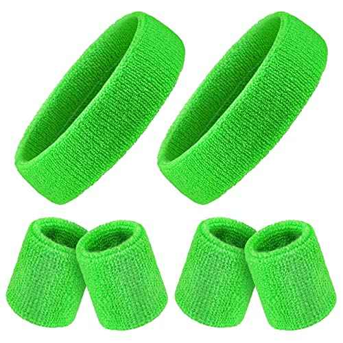 6 Pieces Kids Sweatband Set Sports Headband Wristband Set Boys Girls Headband Wristbands Sweat Bands Set for Basketball Football Running 2 Headbands and 4 Wristbands(Green)