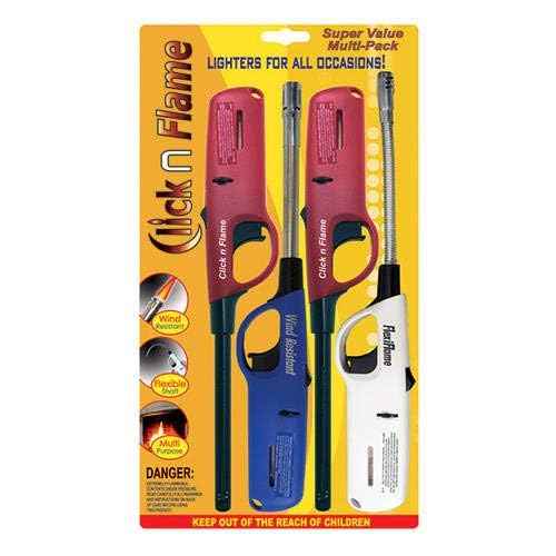 Click n Flame Utility Lighter 4-Pack - Wind Resistant Flexible Shaft Multi Purpose Lighter for BBQ, Kitchen, Candle, Fireplace, Grill