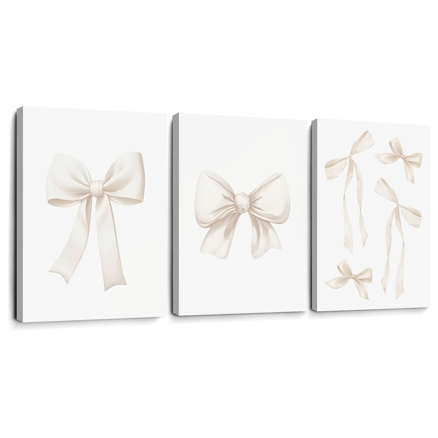 Beige Bow Canvas Wall Art,Coquette Preppy Bow Aesthetic Paintings Pictures Wall Decor Poster Print Artwork Beige Bow Poster Prints for Girls Room Bedroom Dorm Home Decor Wrapped Canvas