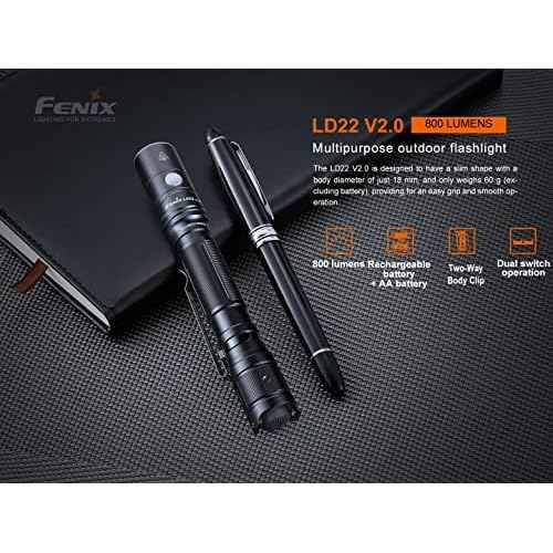 Fenix LD22 v2.0 AA Flashlight, 800 Lumen Rechargeable Penlight for EDC, Compatible with 2X AA Batteries with LumenTac Battery Organizer
