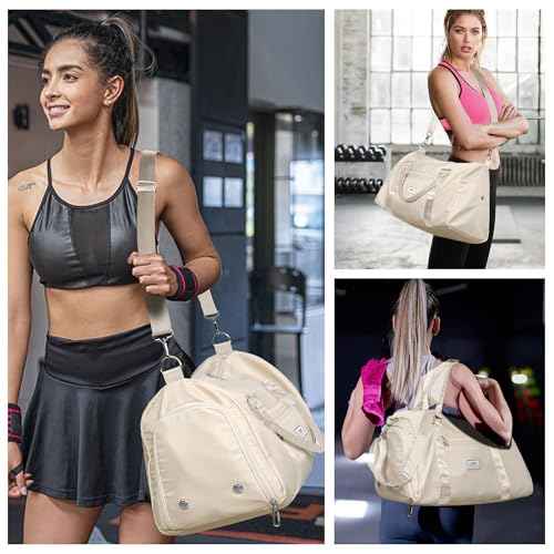 FIORETTO Womens Gym Tote Duffle Bag with Wet Pocket & Shoe Compartment, Sports Duffel Overnight Weekender Hospital Workout Carry on Bag for Girls, Ideal for Travel, Swimming, Dance, Ballet Beige