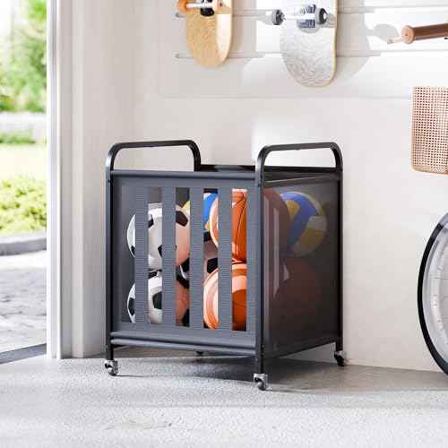 niffgaff Large Rolling Ball Storage Cart ? Metal Ball Bin with Lockable Wheels and Elastic Straps, Holds Basketballs, Soccer Balls, Toys and Sports Equipment, Indoor & Outdoor Organizer ? Black