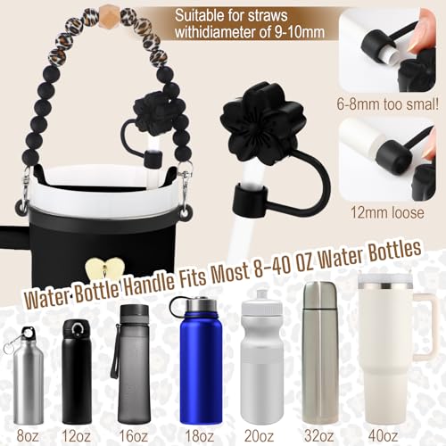 Skylety 7 Pcs Leopard Silicone Cup Accessory Set Compatible with Stanley Cup Leopard Beaded Bottle Strap Carrying Strap Lipstick Holder Tassel Charm Straw Cover Bottle Ring 8-40 oz Tumbler(Black)