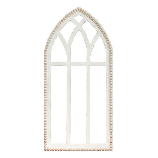 Synovana Arched Wooden Window Frame Wall Decoration, Rustic Farmhouse Wood Window Pane Hanigng Art Decor, 42 inches Gothic Cathedral Style Spire Design Wall Mounted Fake Window Decor, Distressed White