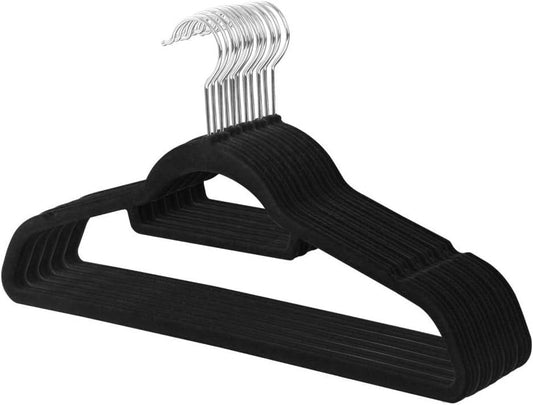 Velvet Non-Slip Hangers 10-Pack - Flocked Slim Suit Hangers with 360° Rotating Hook | Space-Saving Closet Organizer (Black)