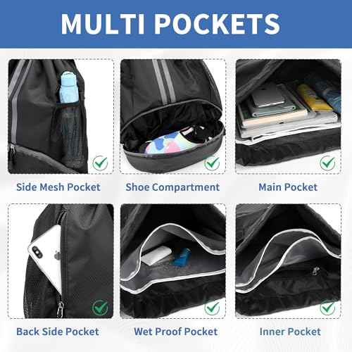 Drawstring Backpack Gym Bag with Shoes Compartment for Soccer, Basketball, Swim, Water-Resistant String Backpack Beach Cinch for Women Men
