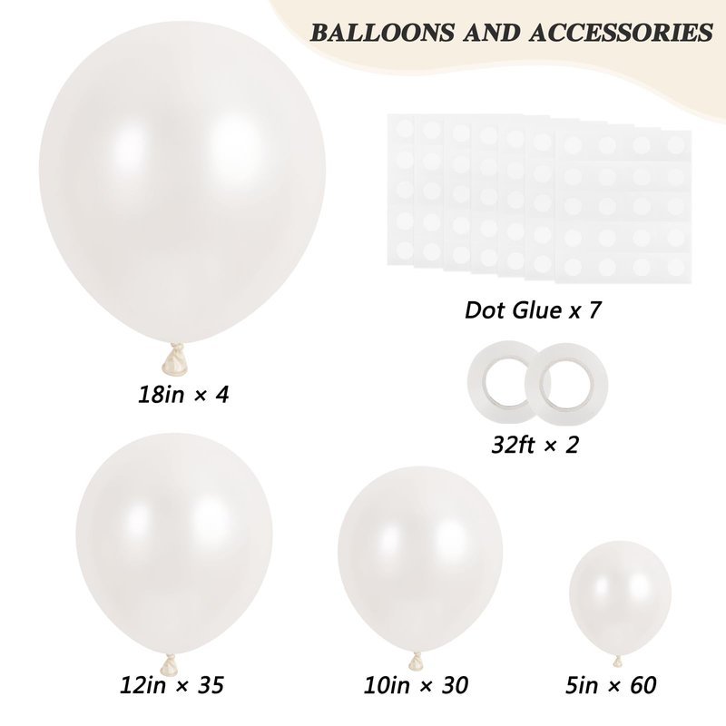RUBFAC 129pcs Pearl White Balloons Different Sizes 18 12 10 5 Inch for Garland Arch Kit, Latex Balloon for Wedding Engagement Anniversary Bridal Baby Shower Birthday Party Decoration