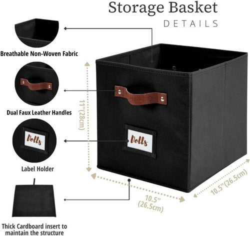 DECOMOMO Storage Bins - Fabric Cube Storage Bins with Labels | 10.5" x 11" | Set of 6, Black