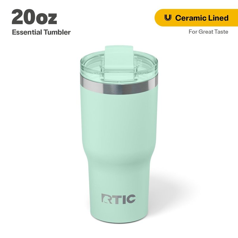 RTIC 20oz Essential Tumbler with Lid, Ceramic Lined, Insulated, Stainless Steel, Metal, Double Wall Vacuum-Insulation, Travel Cup for Iced Coffee, Tea, Hot and Cold Drink, Fresh Mint