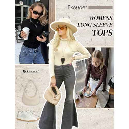 Ekouaer Women's Turtleneck Long Sleeve Shirts Thermal Underwear Tops Basic Slim Fit Fall Fashion Lightweight Top
