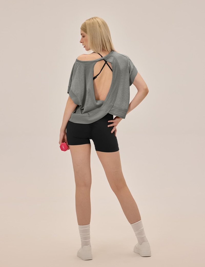 UNIANKIYA Open Back Workout Tops for Women Loose Fit Athletic Crop Tee Short Sleeve Gym Running Yoga Shirt Grey