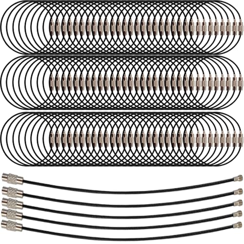 100PCS 6 inch Black Stainless Steel Wire Keychains Cable, Key Rings, Heavy Duty Luggage Tags Loops Tag Keepers 1.5mm Twist Barrel